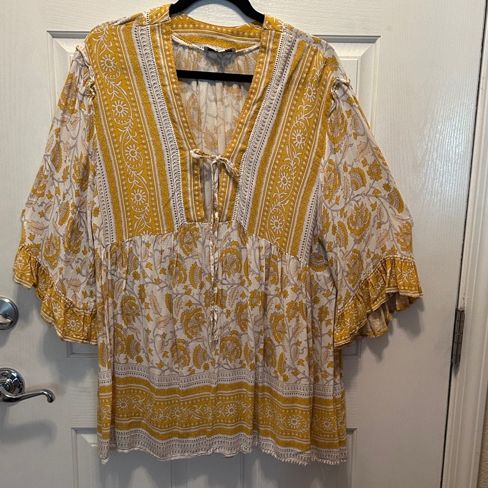 Rachel Zoe Mustard Yellow and Cream Boho Tie-Front Oversized Boxy Tunic Large